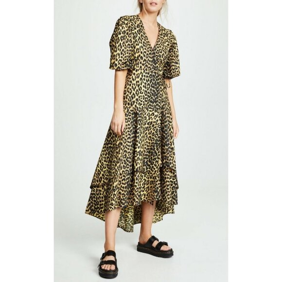Ganni Bijou Leopard Cotton Wrap Dress Yellow Size 38/ US 6 - Picture 1 of 9